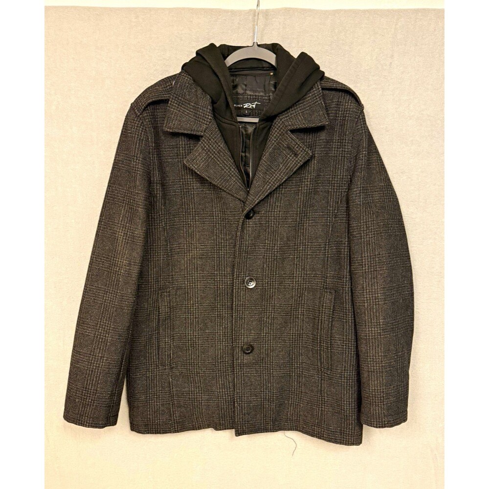 Black Rivet Men's Gray Plaid Hooded Pea Coat L Button Zip Front hood detachable